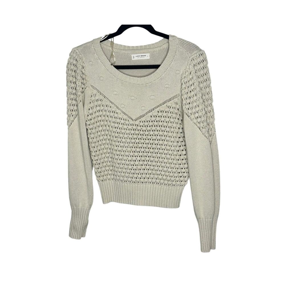 Lucky Brand Sweater Womens S Cream Textured Dot Crochet Knit Crewneck Boho EUC